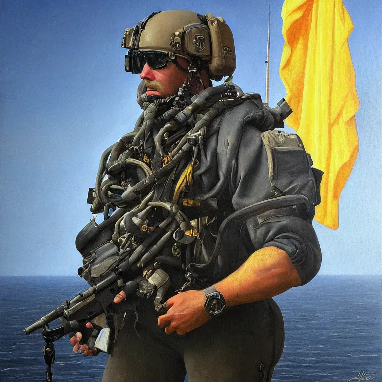 Prompt: portrait of a us navy seal, majestic, on aircraft carrier, fine art portrait painting, strong light, clair obscur, by johannes vermeer