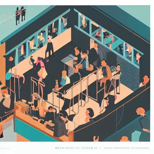 Prompt: Isometric and nested area of bar, afterwork time, people drinking, isometric view, by Victo Ngai, James Gilleard