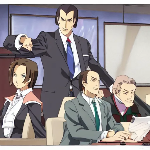 Image similar to Saul Goodman from ace Attorney in a courtroom, anime series