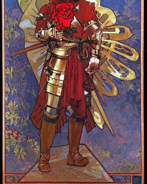 Image similar to A highly realistic painting of a knight with a rose pattern on his armor, red armour with blue pattern, deep moody colors, by Alphonse Mucha, autumn forest