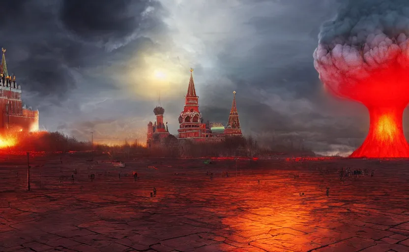 Image similar to ultra realistic picture of a big nuclear explosion with realistic nuclear mushroom in Red Square Kremlin, epic lighting, dark atmosphere, clouds, cinematic, extremely high detail, photo realistic, cinematic lighting, post processed, artstation, matte painting, unreal engine 5, 8k