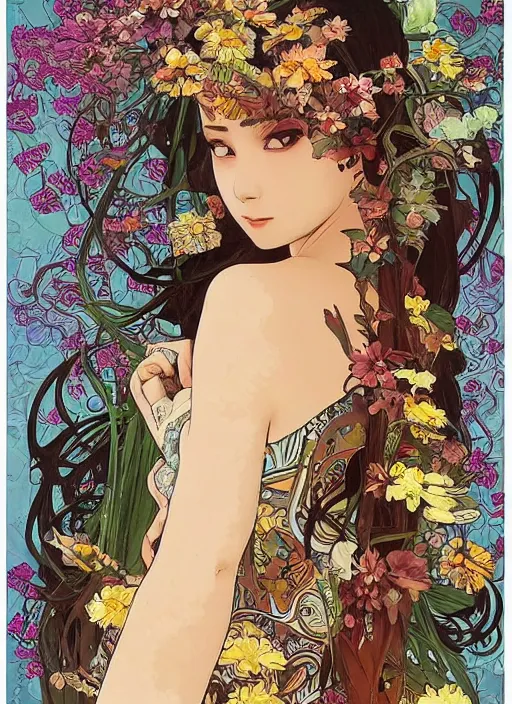 Prompt: !!! very coherent!!! oil painting, beautiful floralpunk iban bio mechanical portrait girl female illustration detailed patterns art of sarawak traditional dress, flower pop art, floral splash painting, art by ashley wood, alphonse mucha, makoto shinkai, geof darrow, dark shadow