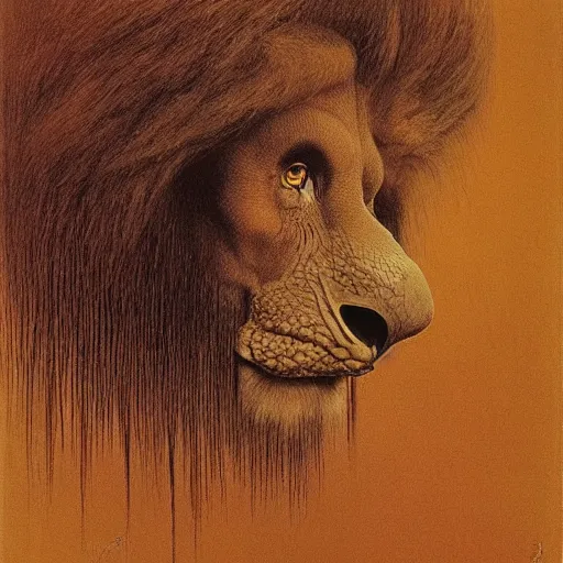 Prompt: a creature with the body and eyes of a man, with the beak of an eagle, the mane of a lion, and the horn of an ox. drawn by zdzislaw beksinski