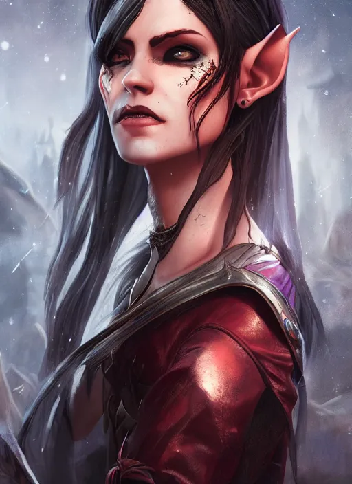 Prompt: A fantasy comic book style portrait painting of a vampiric female elf Sorcerer in a atmospheric dark fortress, unreal 5, DAZ, hyperrealistic, octane render, RPG portrait, ambient light, dynamic lighting