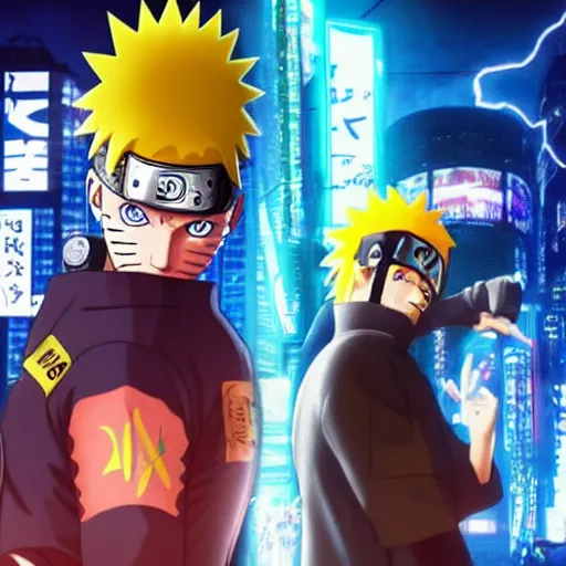 Prompt: Naruto Uzumaki and Sasuke Uchiha in Cyberpunk 2077