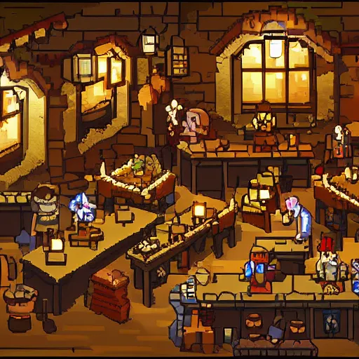 Prompt: A warm lit tavern filled with adventurers, pixel art, detailed