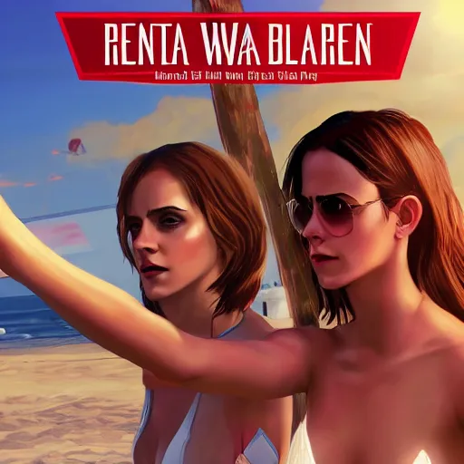 Prompt: emma watson in red bikini in gta v taking a selfie on the beach, cover art by stephen bliss, artstation, no text