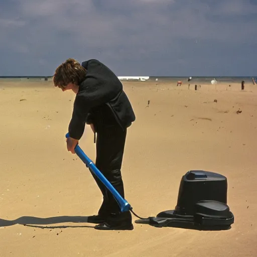 Image similar to Anakin Skywalker!!!, vacuuming on a beach