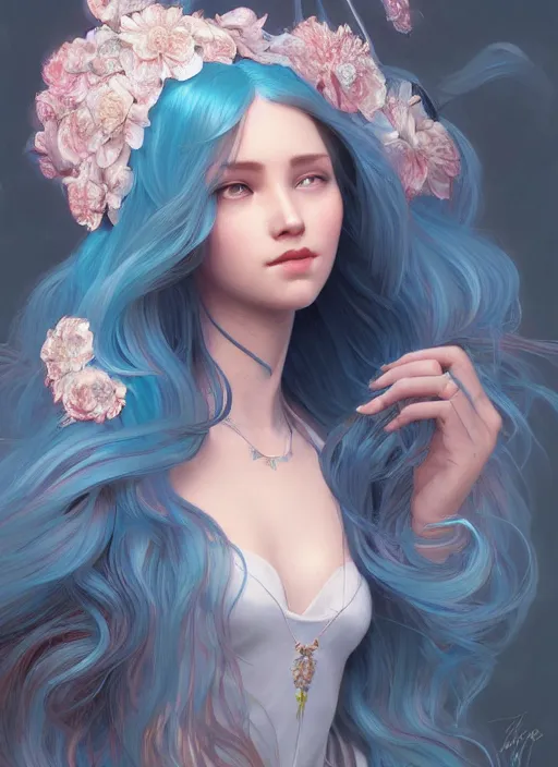 Image similar to beautiful girl with long turqoise hair, cute, intricate, highly detailed, digital painting, trending on artstation, concept art, smooth, sharp focus, illustration, unreal engine 5, 8 k, art by artgerm and greg rutkowski and alphonse mucha