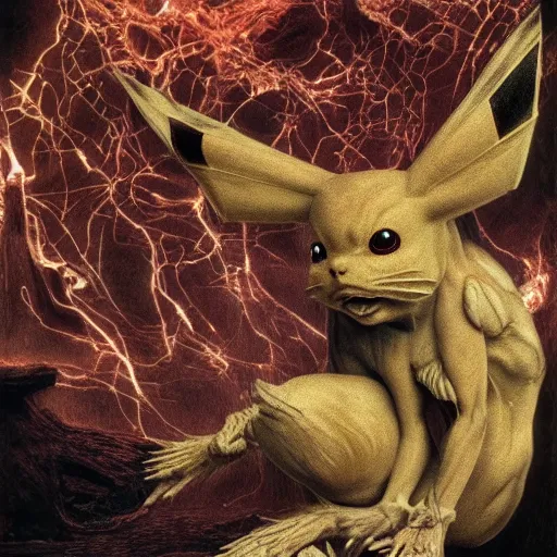 Image similar to portrait of Pikachu as a demonic creature with translucent skin, visible muscles and veins and arteries and bones and spines and nerves, beautiful detailed intricate insanely detailed octane render, 8k artistic photography, photorealistic, chiaroscuro, by David Cronenberg, Raphael, Caravaggio