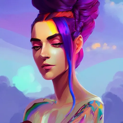 Image similar to beautiful woman with rainbow hair, maya ali mage, gloomhaven, dynamic lighting, gaudy colors, octane render aesthetic, matte painting concept art, official fanart behance hd artstation by jesper ejsing, by rhads and makoto shinkai and lois van baarle and ilya kuvshinov and rossdraws