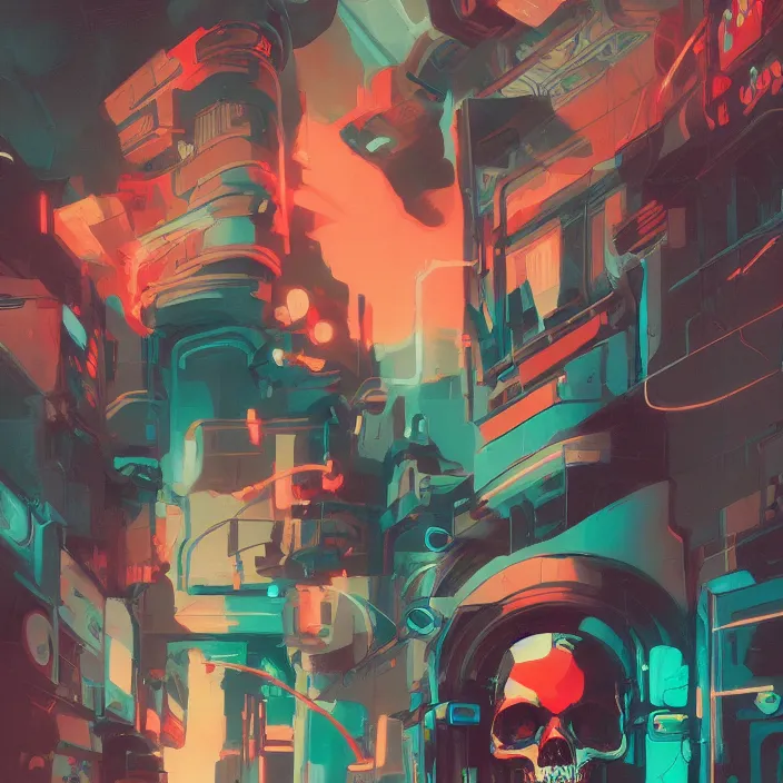 Image similar to a colorful comic noir illustration painting of a cyberpunk skull by sachin teng and sergey kolesov and artgerm and pascal blanche. in style of digital art, symmetry, sci fi, hyper detailed. octane render. trending on artstation