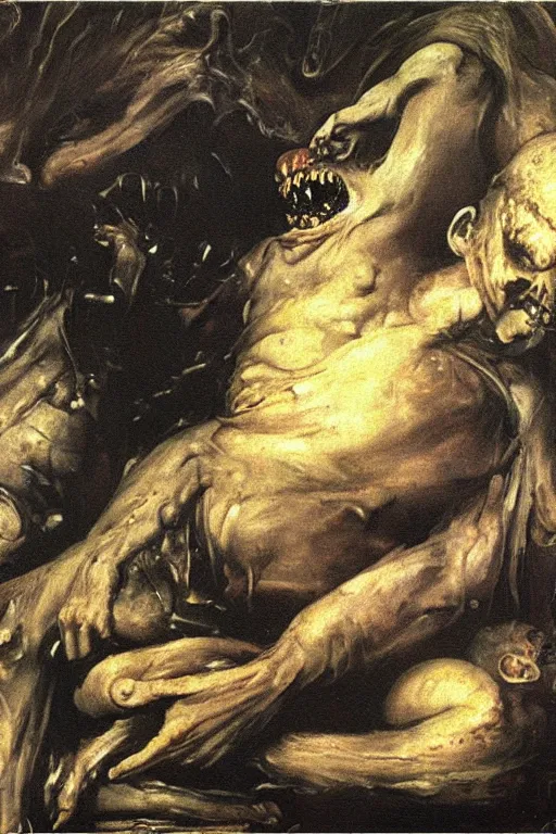 Image similar to canvas painting of saturn devouring his son in the syle of giger, giger art, francisco goya, mural, wall painting, extremely detailed, museum