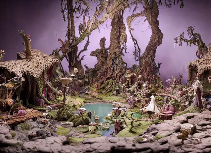 Image similar to studio photography of a fantasy claymation diorama of the dark crystal, zeiss lens, detailed, by erwin olaf, joop geesink, wes anderson, jim henson, brian froud, breathtaking, 8 k resolution, extremely detailed, beautiful, establishing shot, realistic materials, weta digital fx manuka, unreal engine, hyperrealistic