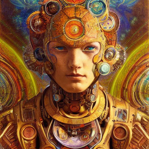 Image similar to highly detailed portrait of a psychedelic dmt mecha, painting by gaston bussiere, craig mullins, j. c. leyendecker, lights, art by ernst haeckel, john william godward, hammershøi, alex grey