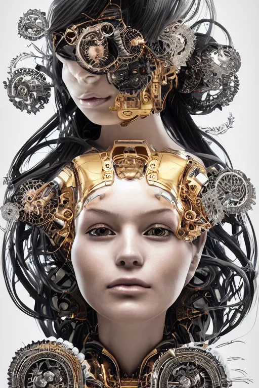 Image similar to a beautiful intricate fine art portrait photo of a cyborg with bionic implants, epic wavy hair spread out around her lined with white hibiscus, lying on a mandala, by natalie shau and michal karcz, masterpiece!, futuristic robot body, top view, studio lighting, golden ratio composition, 3 5 mm lens, deep depth of field, artstation, 8 k