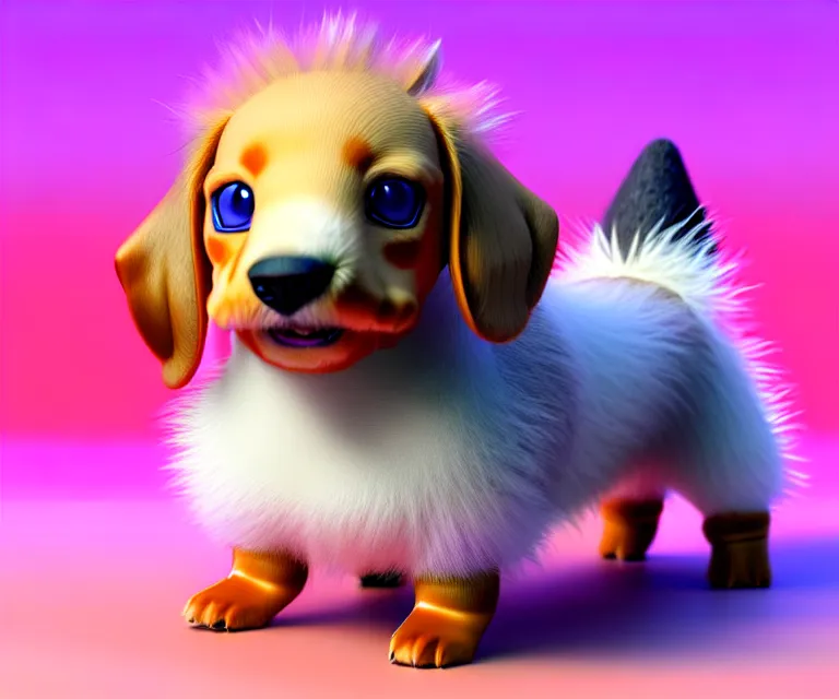 Image similar to high quality 3 d render hyperrealist very cute fluffy dachshund - pokemon, plush mascot, long spiky fluffy smooth hair, photo from the side, multi pastel colors, vray, smooth background, artstation, ultra detailed