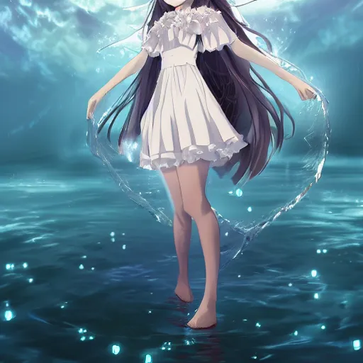 Prompt: advanced digital art, a very cute anime girl wearing a dress made of water standing in a crystal lake turning into mist , full body, very long black hair, azure blue watery eyes, full round face, cinematic lighting, MCU, mid-shot, highly detailed, trending on artstation, Unreal Engine 4k, Stanley Artgerm Lau, WLOP, Rossdraws, James Jean, Andrei Riabovitchev, Marc Simonetti, and Sakimichan