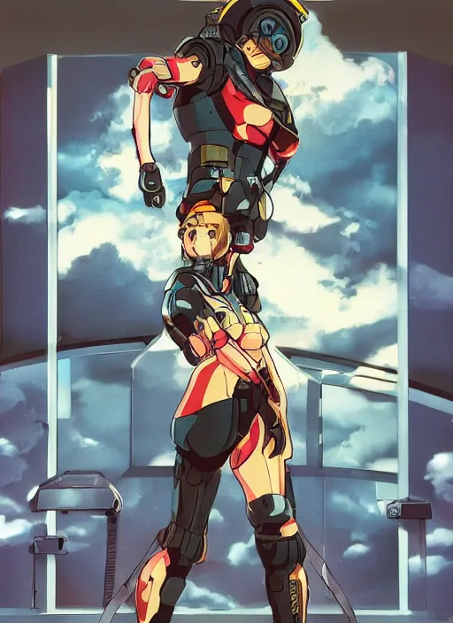 Image similar to Portrait of a female mech pilot in a latex bodysuit, 90s anime, cel-shaded, highly detailed, dramatic background, complementary lighting, poster