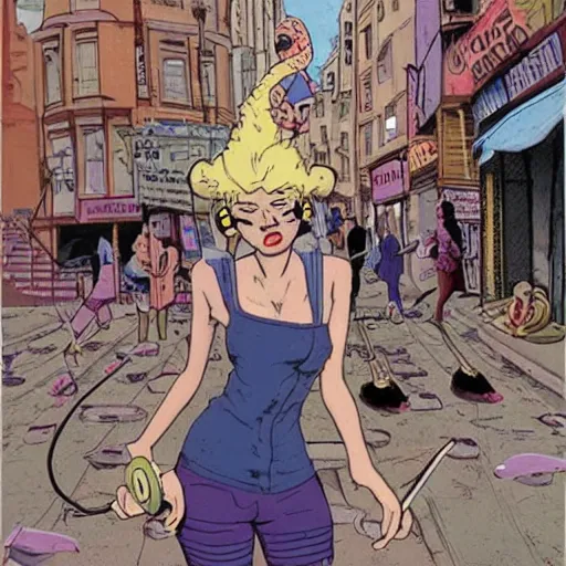 Image similar to punk girl with headphones in densely packed street, surreal, Ralph Bakshi