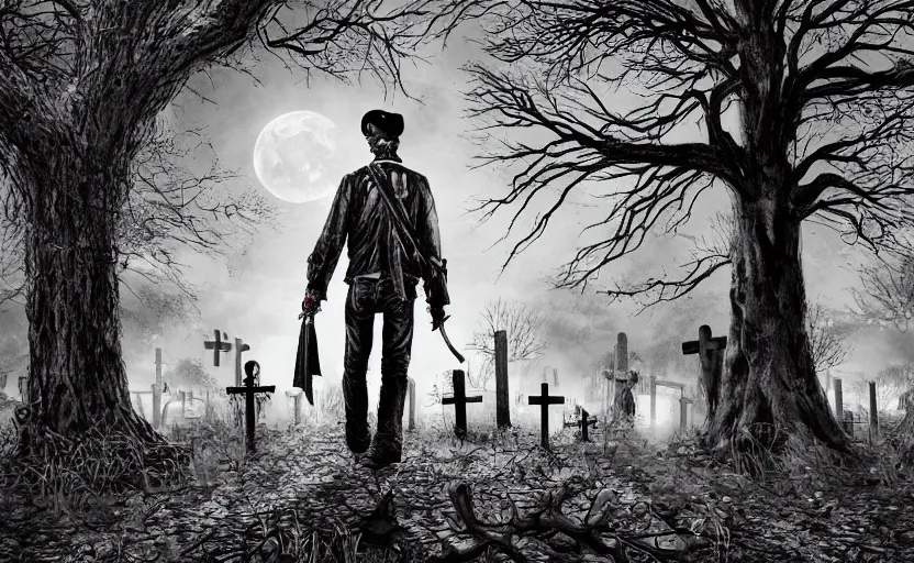 Prompt: dead anarchist walking through a cemetery, middle finger, pirate flag in his arms, evil dead face, leather coat, dark night, full moon, zombies and walking deads, crows on the oak tree, highly detailed digital art, photorealistic