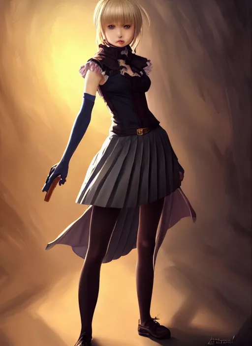 Image similar to portrait of a full body of beautiful young female detective, d & d, sleeveless turtleneck, pleated skirt, fantasy, flat lighting, intricate, highly detailed, digital painting, artstation, concept art, smooth, sharp focus, illustration, misa amane, art by simon bisley and greg rutkowski and alphonse mucha, natural tpose
