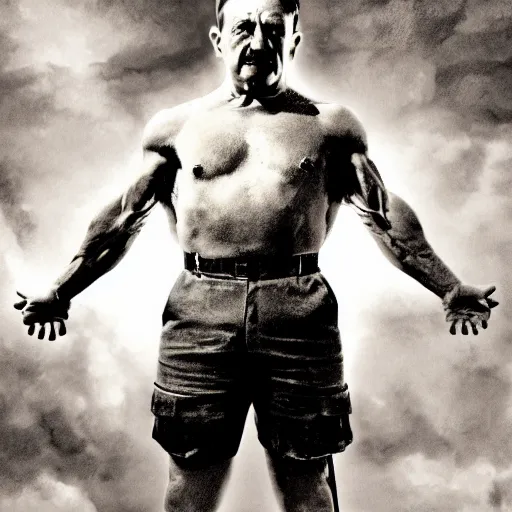 Image similar to Adolf hitler with the physique of a body builder, hyper realistic, ultra detailed, cinematic, dynamic lighting, photorealistic, refined, intricate, digital art, digital painting, masterpiece, 8k