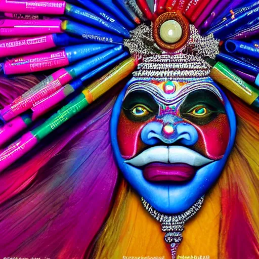 Image similar to photo of 8k ultra realistic Indian deity mouth filled with multi color crayons, clear sky, full of colour, cinematic lighting, battered, trending on artstation, 4k, hyperrealistic, focused, extreme details,unreal engine 5, cinematic, masterpiece, art by John Berkey