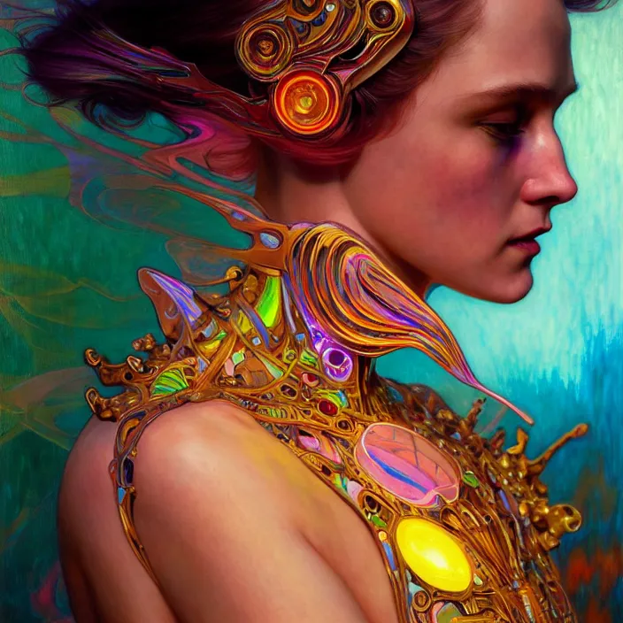 Image similar to bright psychedelic portrait of organic cyborg, wings, diffuse lighting, fantasy, intricate, elegant, highly detailed, lifelike, photorealistic, digital painting, artstation, illustration, concept art, smooth, sharp focus, art by John Collier and Albert Aublet and Krenz Cushart and Artem Demura and Alphonse Mucha