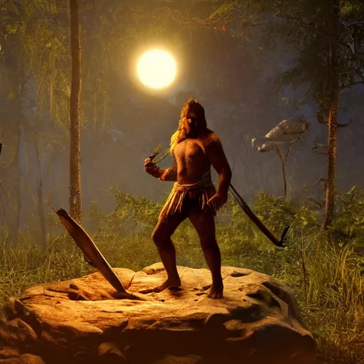 Prompt: spartan high on peyote at jungle campfire below full moon in the style of far cry primal and game of thrones, warm lighting, 8 k