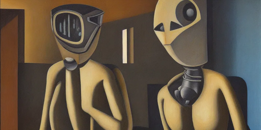 Image similar to brutalist feline robot portrait, grant wood, pj crook, edward hopper, oil on canvas