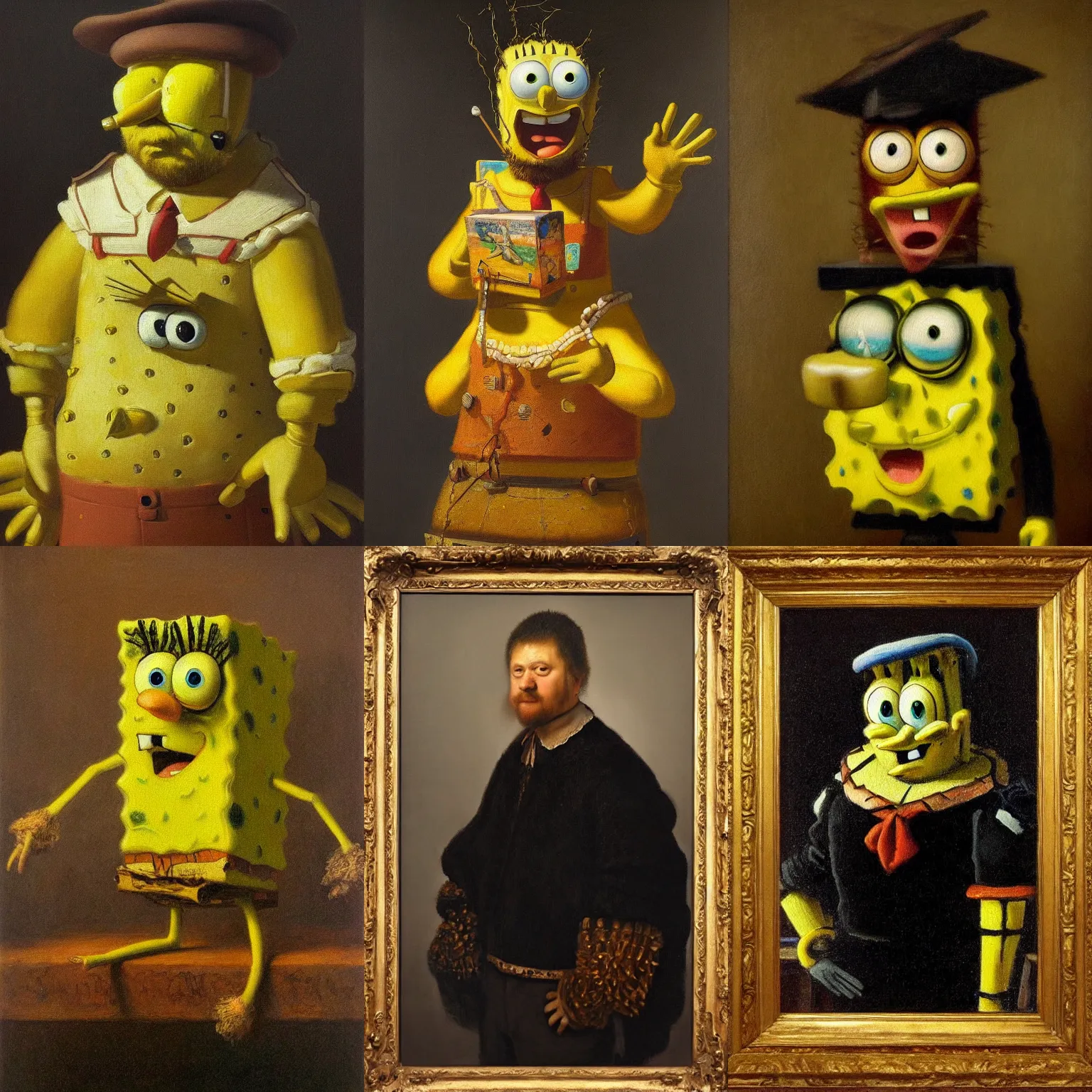 Prompt: masterwork oil painting, portrait of spongebob squarepants by rembrandt. ultra realistic. wow!