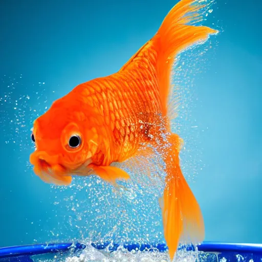 Image similar to stock photo of goldfish jumping in the air splahing water out of the water bowl to freedom blue background