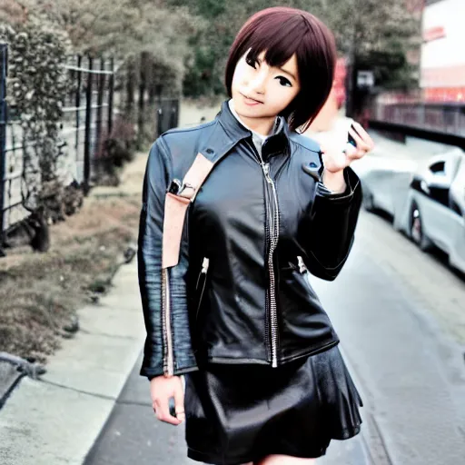 Image similar to an epic cinematic 8K HD movie shot of a japanese young J-Pop idol girl wearing leather jacket, miniskirt, nylon tights and high heels boots. Inspirational arthouse