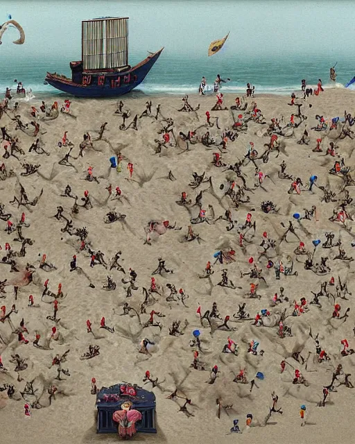 Image similar to the gigantic unconscious body of lemuel gulliver lies on a beach surrounded by hundreds of tiny lilliputians, some standing on him. gulliver is being tied to the beach with hundreds of robes being held down by the lilliputians, the scene is cinematic and hyperreal