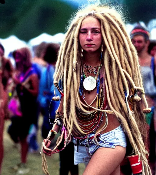 Image similar to portrait of a stunningly beautiful hippie woman with blonde dreadlocks walking in a music festival, by bruce davidson