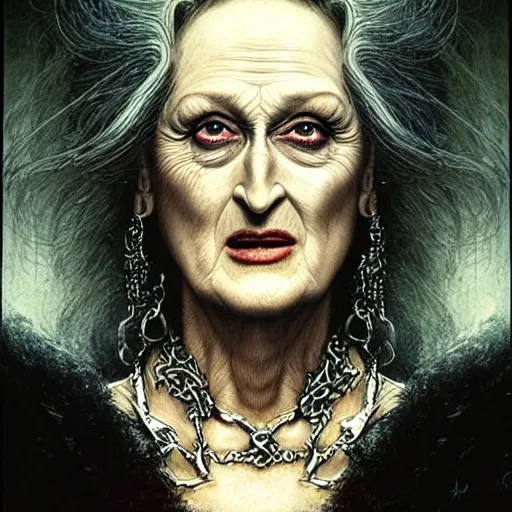 Image similar to head and shoulders portrait of an evil, black - skinned night hag portrayed by meryl streep, d & d, fantasy, luis royo, magali villeneuve, donato giancola, wlop, krenz cushart