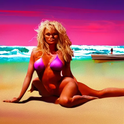 Prompt: surreal pamela anderson on baywatch beachside in chromatic distortions in mysterious place, beautiful, psychedelic, lsd, trending on artstation, artwork by Tran, Ross