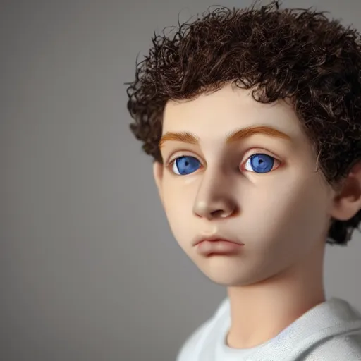 Image similar to a boy with pale skin, brown eyes and brown curly hair, extremely detailed facial structure, extremely detailed and realistic eyes, photorealistic