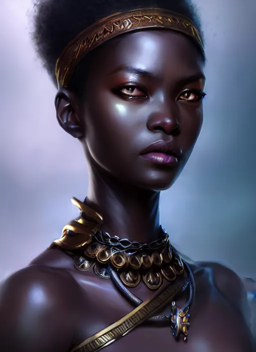 Prompt: character concept art of a dark fantasy african female, key visual, realistic shaded perfect face, fine details, dystopian environment and background, by stanley artgerm lau, wlop, rossdraws, james jean, andrei riabovitchev, marc simonetti, and sakimichan, trending on artstation