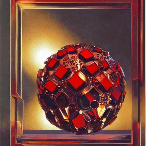 Prompt: chrome spheres on a red cube by james c christensen