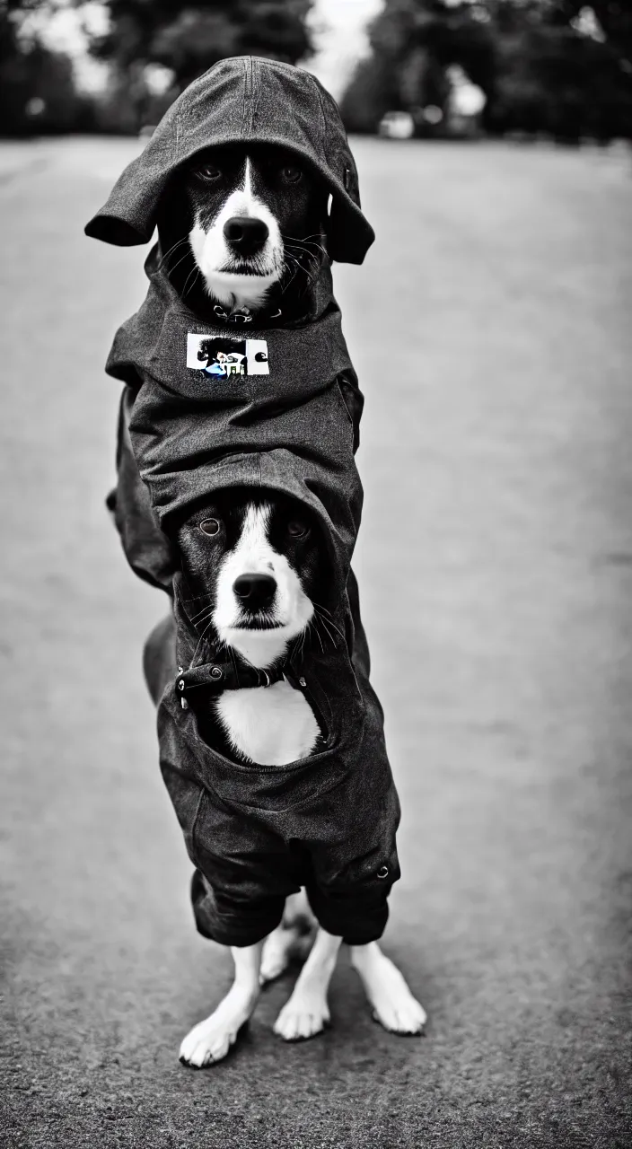 Prompt: fashion photography of a dog, wearing carhartt clothes, outside, streetwear, casual outfit, photo 3 5 mm leica, hyperdetail, 4 k, very detailed, black and white