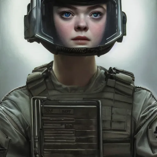 Image similar to ultra realistic portrait painting of elle fanning in prey wearing swat gear, art by frank frazetta, 4 k, ultra realistic, highly detailed, epic lighting