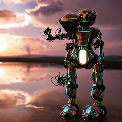 Image similar to beautiful centered Fine art photo of young female humanoid robot coming out of water, solarpunk mechanical parts with led lights, photorealistic, white background, highly detailed and intricate, sunset lighting, HDR 8k