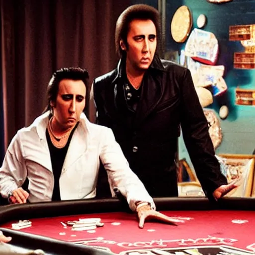 Image similar to nicolas cage as elvis presley playing the guitar over a poker table