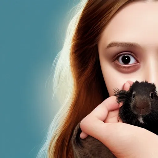 Prompt: Elizabeth Olsen holding a guinea pig in her hands, photorealistic, 4k, 8k, trending on artstation