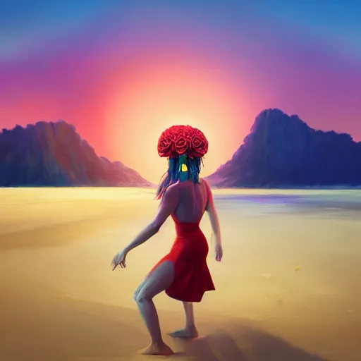 Image similar to portrait, giant rose flower head, girl dancing at the beach, surreal photography, sunrise, blue sky, dramatic light, impressionist painting, digital painting, artstation, simon stalenhag