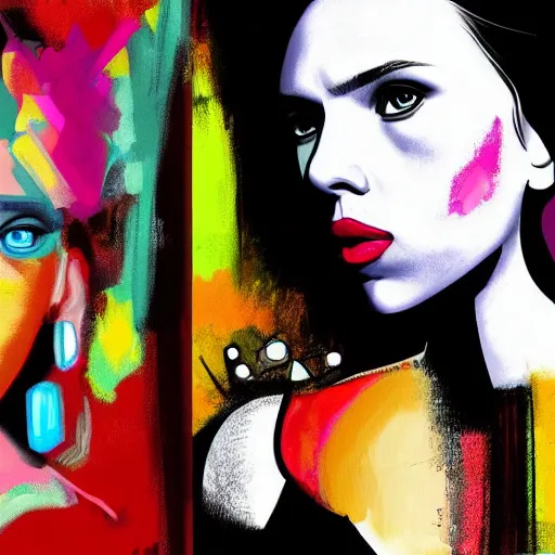 Image similar to colorful sketch, ultra detailed, fashion, magic, beautiful woman, kiss scarlett johansson, surreal decorations, in style of jean - michel basquiat, trending on artstation