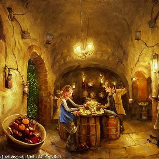 Prompt: wine cellar full of food, torches on the wall, schnapps, painting, Fritz Wagner, Vladimir Volegov, Olga Zakharova