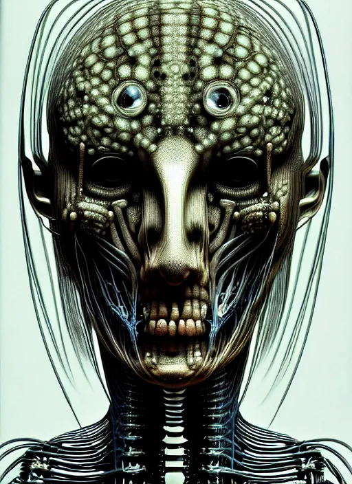 Image similar to portrait of neural nightmares by yoshitaka amano and HR Giger, detailed face face face face, facial structure, hd, 8k, very very very very electronic, biomechanical, biology, bio, neural machine, single subject, terror